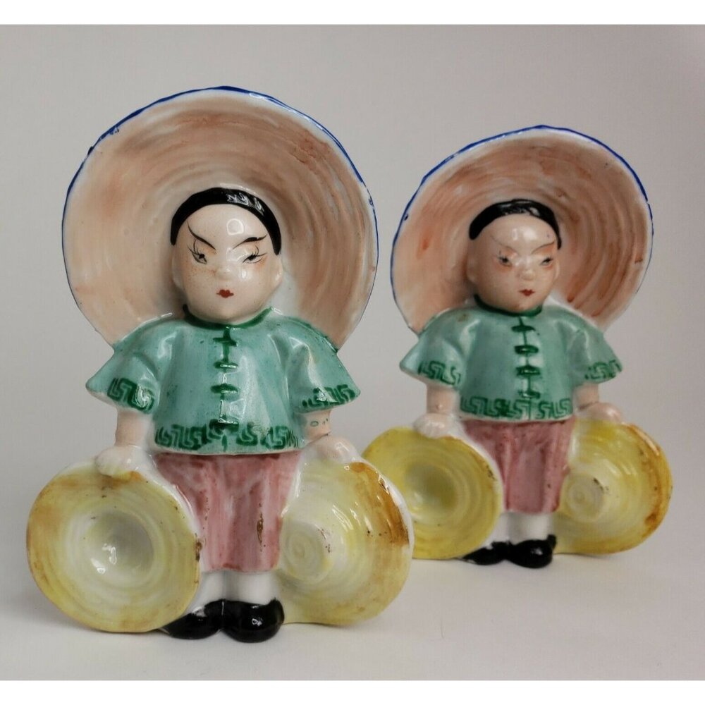 Vintage Ceramic Planter Lot 2 Asian Boys Occupied Japan Flower Pot Hand Painted